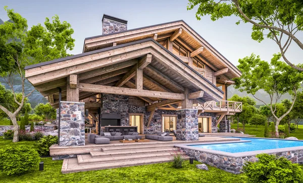 Rendering Modern Cozy Chalet Pool Parking Sale Rent Massive Timber — Stock Photo, Image