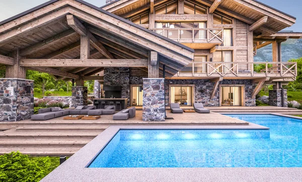 Rendering Modern Cozy Chalet Pool Parking Sale Rent Massive Timber — Stock Photo, Image