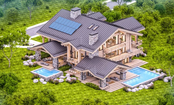 Rendering Von Modernen Gemütlichen Chalet Mit Pool Und Parkplatz Zum — Stockfoto