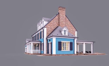 Modern konforlu klasik evin, garajı ve havuzu satılık ya da akşamları kiralanacak şekilde tasarlanmış hali. Gri renkte izole edilmiş.