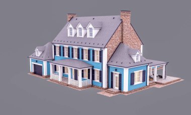 Modern konforlu klasik evin, garajı ve havuzu satılık ya da akşamları kiralanacak şekilde tasarlanmış hali. Gri renkte izole edilmiş.