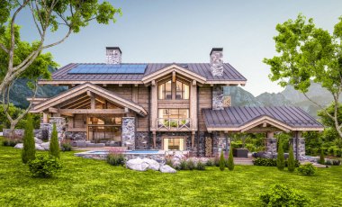 Havuzu ve kiralık park yeri olan modern konforlu bir dağ evi. Devasa kereste kirişleri. Arka planda güzel orman dağları. Pencerenin sıcacık ışıklarıyla berrak bir yaz akşamı