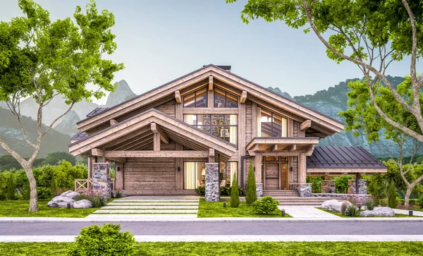 Rendering Von Modernen Gemütlichen Chalet Mit Pool Und Parkplatz Zum — Stockfoto