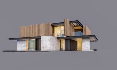 Akşamları park yeri ve havuzu satılık ya da ahşap cepheli modern konforlu ev. Gri renkte izole edilmiş