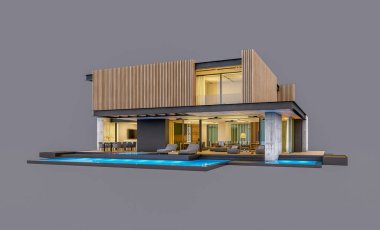 Akşamları park yeri ve havuzu satılık ya da ahşap cepheli modern konforlu ev. Gri renkte izole edilmiş