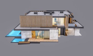 Akşamları park yeri ve havuzu satılık ya da ahşap cepheli modern konforlu ev. Gri renkte izole edilmiş