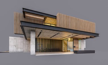 Akşamları park yeri ve havuzu satılık ya da ahşap cepheli modern konforlu ev. Gri renkte izole edilmiş