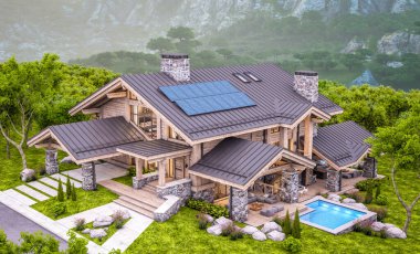 Havuzu ve kiralık park yeri olan modern konforlu bir dağ evi. Devasa kereste kirişleri. Arka planda güzel orman dağları. Pencerenin sıcacık ışıklarıyla berrak bir yaz akşamı