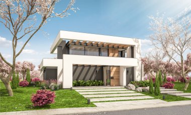 Havuzu ve satılık park yeri olan, lüks tarzda kiralanan ve arka planda güzel manzaralı modern konforlu bir ev. Arka planda sakura çiçekleri olan çiçek açan ağaçlarla taze bir bahar günü.