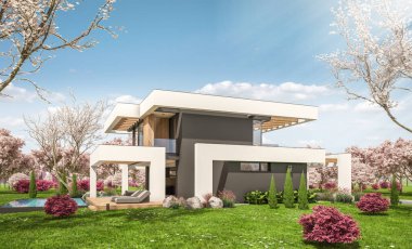 Havuzu ve satılık park yeri olan, lüks tarzda kiralanan ve arka planda güzel manzaralı modern konforlu bir ev. Arka planda sakura çiçekleri olan çiçek açan ağaçlarla taze bir bahar günü.