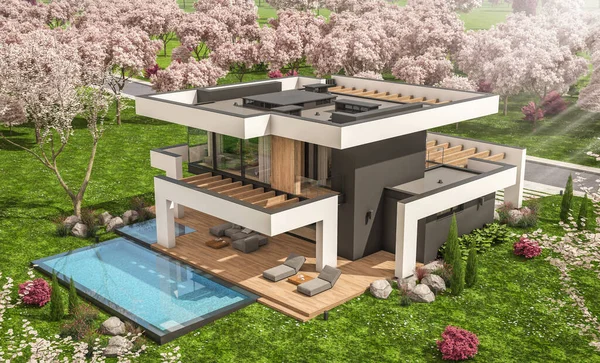 Rendering Von Modernen Gemütlichen Haus Mit Pool Und Parkplatz Zum — Stockfoto