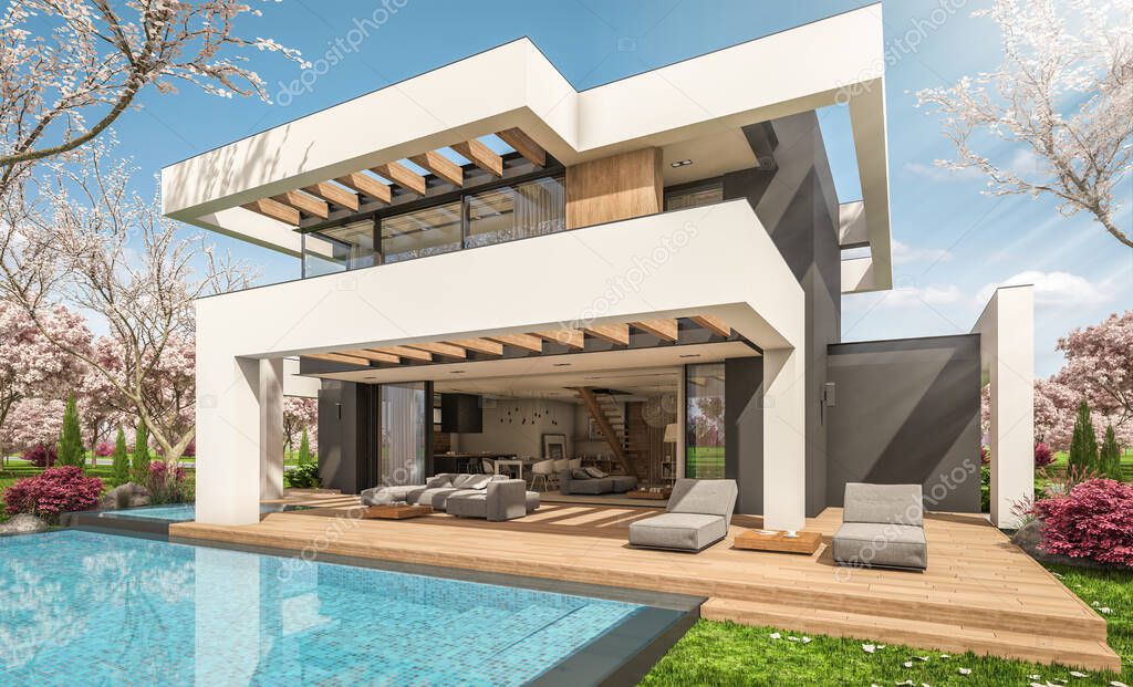 3d rendering of modern cozy house with pool and parking for sale or rent in luxurious style and beautiful landscaping on background. Fresh spring day with a blooming trees with flowers of sakura on background