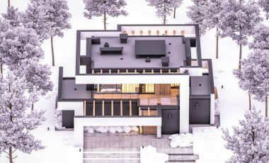 Havuzu ve satılık park yeri olan, lüks tarzda kiralanan ve arka planda güzel manzaralı modern konforlu bir ev. Serin bir kış akşamıydı pencerelerden gelen sıcak ışıkla