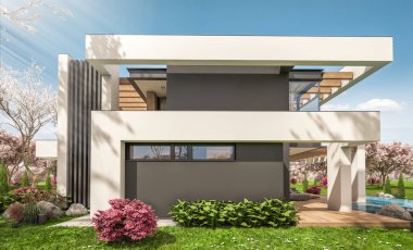 Havuzu ve satılık park yeri olan, lüks tarzda kiralanan ve arka planda güzel manzaralı modern konforlu bir ev. Arka planda sakura çiçekleri olan çiçek açan ağaçlarla taze bir bahar günü.