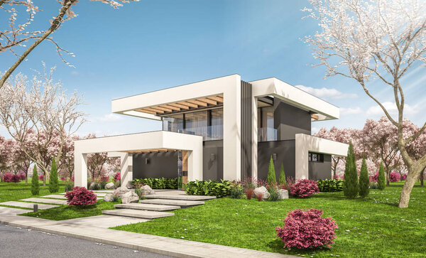 3d rendering of modern cozy house with pool and parking for sale or rent in luxurious style and beautiful landscaping on background. Fresh spring day with a blooming trees with flowers of sakura on background