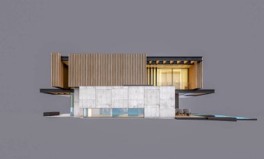 Akşamları park yeri ve havuzu satılık ya da ahşap cepheli modern konforlu ev. Gri renkte izole edilmiş