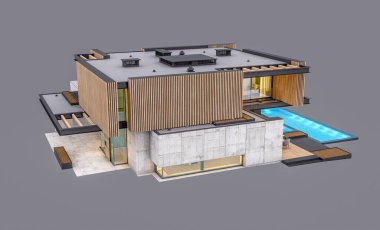 Akşamları park yeri ve havuzu satılık ya da ahşap cepheli modern konforlu ev. Gri renkte izole edilmiş