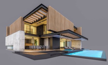 Akşamları park yeri ve havuzu satılık ya da ahşap cepheli modern konforlu ev. Gri renkte izole edilmiş