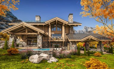 Havuzu ve kiralık park yeri olan modern konforlu bir dağ evi. Arka planda güzel orman dağları. Devasa kereste kirişleri. Güneşli bir sonbahar günü, her yerde altın yapraklar.