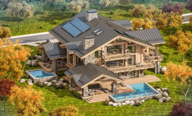 Havuzu ve kiralık park yeri olan modern konforlu bir dağ evi. Arka planda güzel orman dağları. Devasa kereste kirişleri. Güneşli bir sonbahar günü, her yerde altın yapraklar.