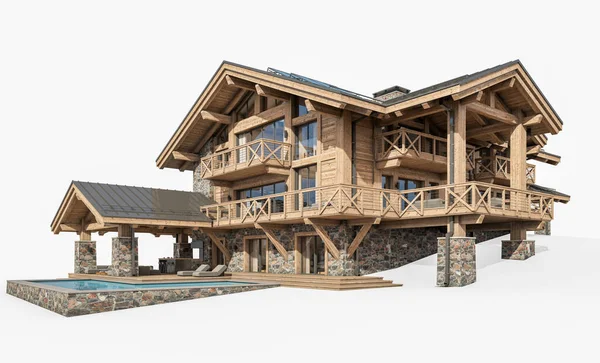 Rendering Von Modernen Gemütlichen Chalet Mit Pool Und Parkplatz Zum — Stockfoto