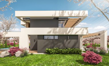 Havuzu ve satılık park yeri olan, lüks tarzda kiralanan ve arka planda güzel manzaralı modern konforlu bir ev. Arka planda sakura çiçekleri olan çiçek açan ağaçlarla taze bir bahar günü.