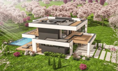 Havuzu ve satılık park yeri olan, lüks tarzda kiralanan ve arka planda güzel manzaralı modern konforlu bir ev. Arka planda sakura çiçekleri olan çiçek açan ağaçlarla taze bir bahar günü.