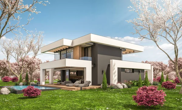 Rendering Von Modernen Gemütlichen Haus Mit Pool Und Parkplatz Zum — Stockfoto