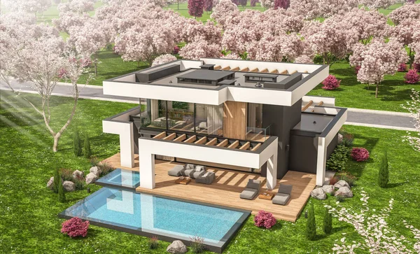 Rendering Moderna Casa Accogliente Con Piscina Parcheggio Vendita Affitto Stile — Foto Stock