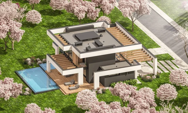 Rendering Von Modernen Gemütlichen Haus Mit Pool Und Parkplatz Zum — Stockfoto