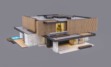 Akşamları park yeri ve havuzu satılık ya da ahşap cepheli modern konforlu ev. Gri renkte izole edilmiş