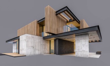 Akşamları park yeri ve havuzu satılık ya da ahşap cepheli modern konforlu ev. Gri renkte izole edilmiş