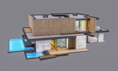 Akşamları park yeri ve havuzu satılık ya da ahşap cepheli modern konforlu ev. Gri renkte izole edilmiş