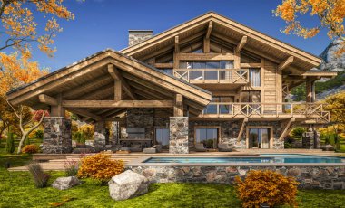 Havuzu ve kiralık park yeri olan modern konforlu bir dağ evi. Arka planda güzel orman dağları. Devasa kereste kirişleri. Güneşli bir sonbahar günü, her yerde altın yapraklar.