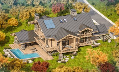 Havuzu ve kiralık park yeri olan modern konforlu bir dağ evi. Arka planda güzel orman dağları. Devasa kereste kirişleri. Güneşli bir sonbahar günü, her yerde altın yapraklar.