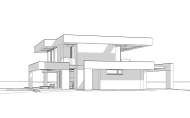 Havuzu ve park yeri olan modern konforlu bir evin 3 boyutlu tasarımı. Satılık ya da lüks tarzda. Beyaz zemin üzerinde yumuşak ışık gölgeleri olan siyah çizgi çizimi