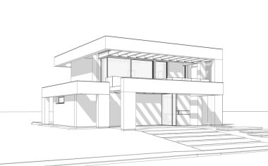 Havuzu ve park yeri olan modern konforlu bir evin 3 boyutlu tasarımı. Satılık ya da lüks tarzda. Beyaz zemin üzerinde yumuşak ışık gölgeleri olan siyah çizgi çizimi