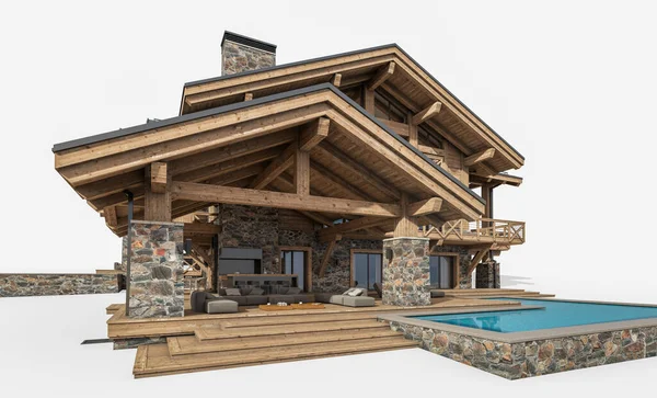 Rendering Von Modernen Gemütlichen Chalet Mit Pool Und Parkplatz Zum — Stockfoto