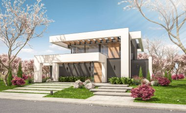 Havuzu ve satılık park yeri olan, lüks tarzda kiralanan ve arka planda güzel manzaralı modern konforlu bir ev. Arka planda sakura çiçekleri olan çiçek açan ağaçlarla taze bir bahar günü.