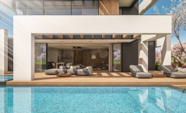 Havuzu ve satılık park yeri olan, lüks tarzda kiralanan ve arka planda güzel manzaralı modern konforlu bir ev. Arka planda sakura çiçekleri olan çiçek açan ağaçlarla taze bir bahar günü.