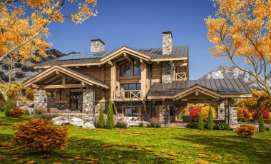 Havuzu ve kiralık park yeri olan modern konforlu bir dağ evi. Arka planda güzel orman dağları. Devasa kereste kirişleri. Güneşli bir sonbahar günü, her yerde altın yapraklar.