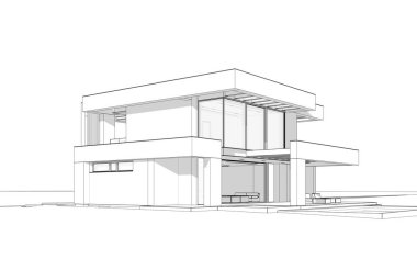 Havuzu ve park yeri olan modern konforlu bir evin 3 boyutlu tasarımı. Satılık ya da lüks tarzda. Beyaz zemin üzerinde yumuşak ışık gölgeleri olan siyah çizgi çizimi