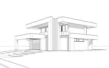 Havuzu ve park yeri olan modern konforlu bir evin 3 boyutlu tasarımı. Satılık ya da lüks tarzda. Beyaz zemin üzerinde yumuşak ışık gölgeleri olan siyah çizgi çizimi