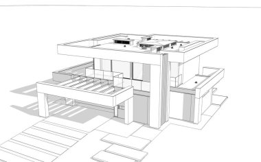 Havuzu ve park yeri olan modern konforlu bir evin 3 boyutlu tasarımı. Satılık ya da lüks tarzda. Beyaz zemin üzerinde yumuşak ışık gölgeleri olan siyah çizgi çizimi