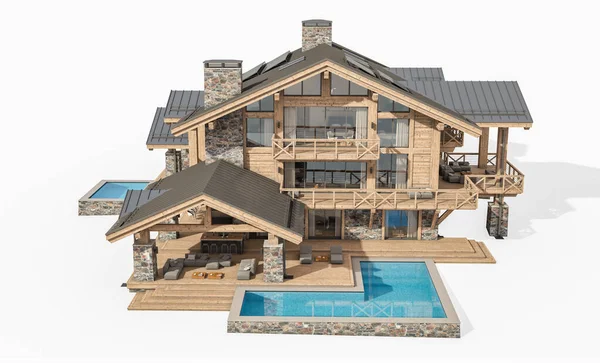 Rendering Von Modernen Gemütlichen Chalet Mit Pool Und Parkplatz Zum — Stockfoto