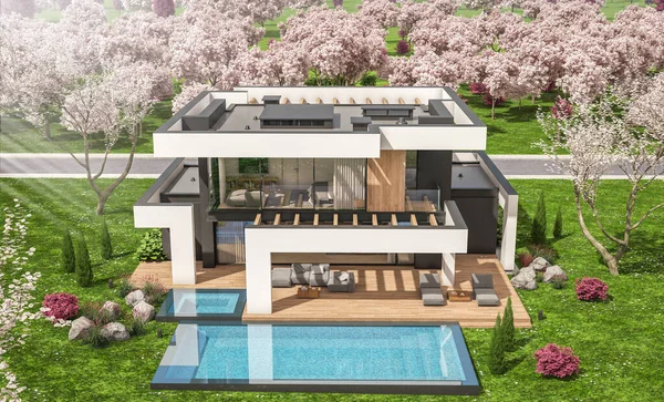 Rendering Von Modernen Gemütlichen Haus Mit Pool Und Parkplatz Zum — Stockfoto