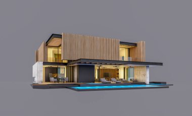 Akşamları park yeri ve havuzu satılık ya da ahşap cepheli modern konforlu ev. Gri renkte izole edilmiş