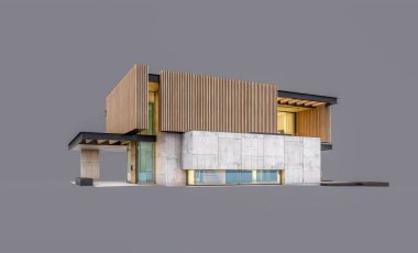 Akşamları park yeri ve havuzu satılık ya da ahşap cepheli modern konforlu ev. Gri renkte izole edilmiş