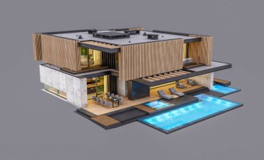 Akşamları park yeri ve havuzu satılık ya da ahşap cepheli modern konforlu ev. Gri renkte izole edilmiş