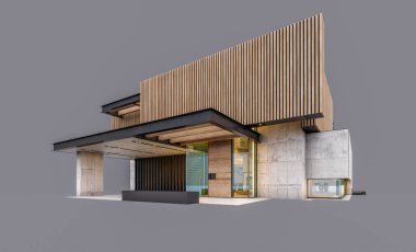 Akşamları park yeri ve havuzu satılık ya da ahşap cepheli modern konforlu ev. Gri renkte izole edilmiş